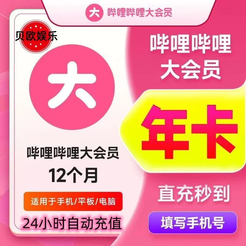 哔哩哔哩大会员B站VIP年卡 一次性到账12个月-一码