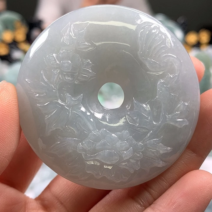 翡翠未镶嵌颈饰花开富贵平安扣两面工艺福利