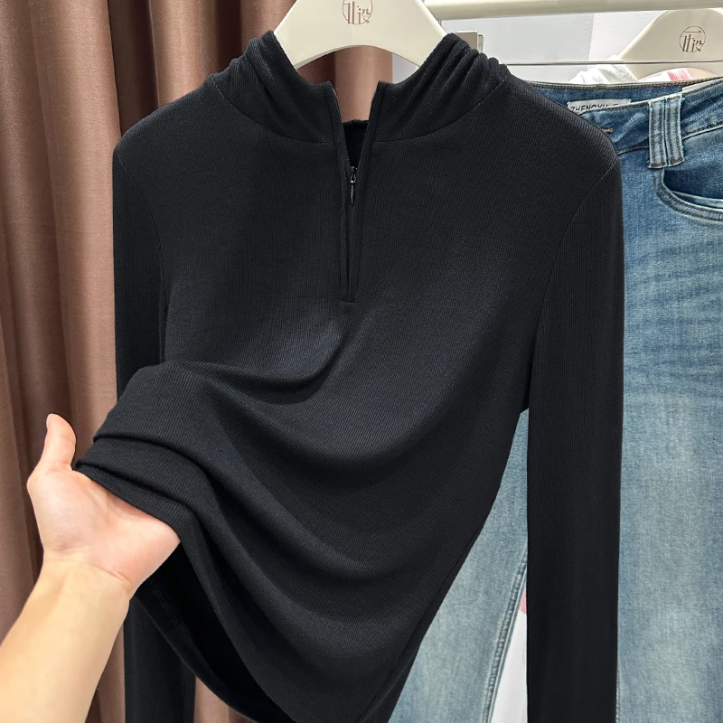 高档黑色连帽半开领卫衣女2025秋季新款高级感百搭拉链长袖T恤