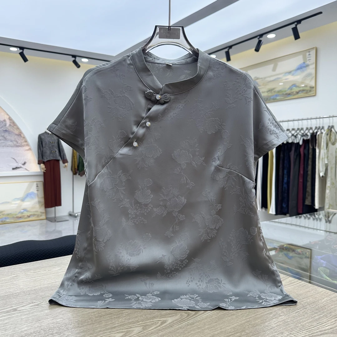 1141典雅之选浅灰提花盘扣T恤解锁中式复古时尚魅力