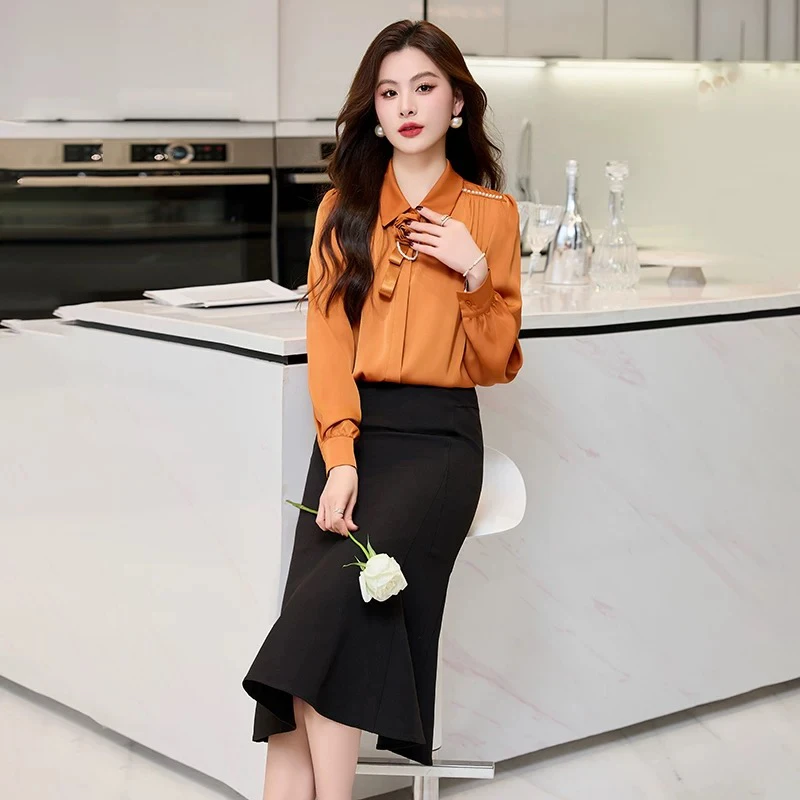 港风衬衫女轻奢高级感2024秋款新款时尚气质洋气订珠飘带长袖衬衣