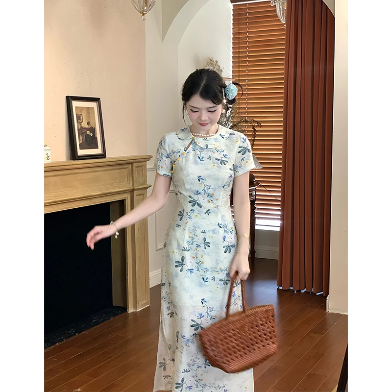 新中式娃娃领短袖连衣裙女夏季气质收腰纯色长裙子07220
