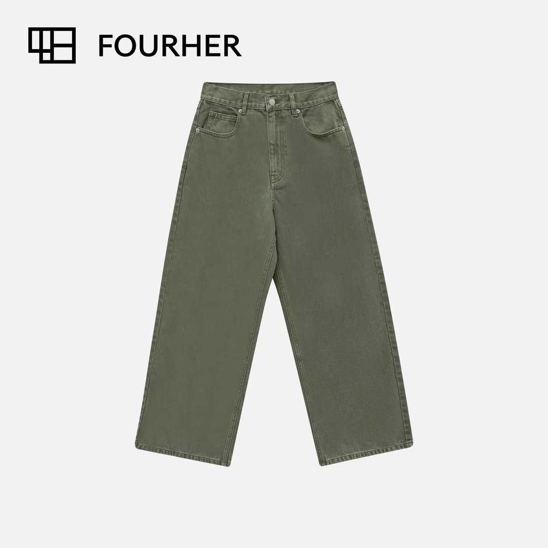FOURHER 废土沙绿 重工做旧水洗风 中低腰复古直筒牛仔裤