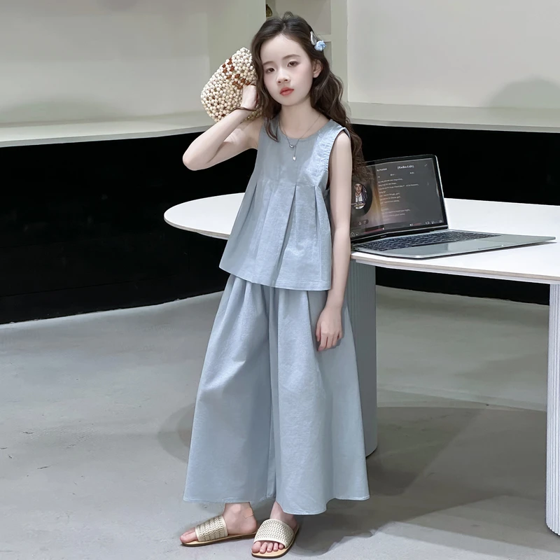 女童棉麻套装夏装2025新款时髦大童无袖背心儿童夏季薄款阔腿裙裤