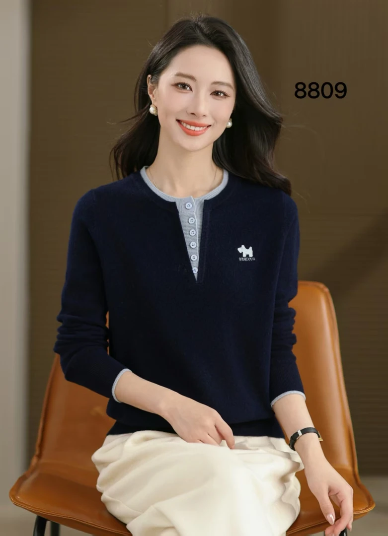 黛妍8809秋冬新款100%羊毛高档圆领假两件桐乡毛衣女款2025新款