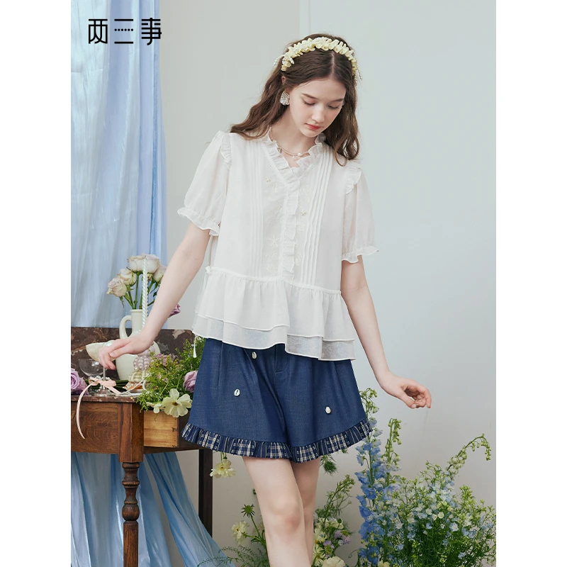 两三事 云纱捕风 2025夏季新款甜美绣花荷叶边拼接泡泡袖衬衫女