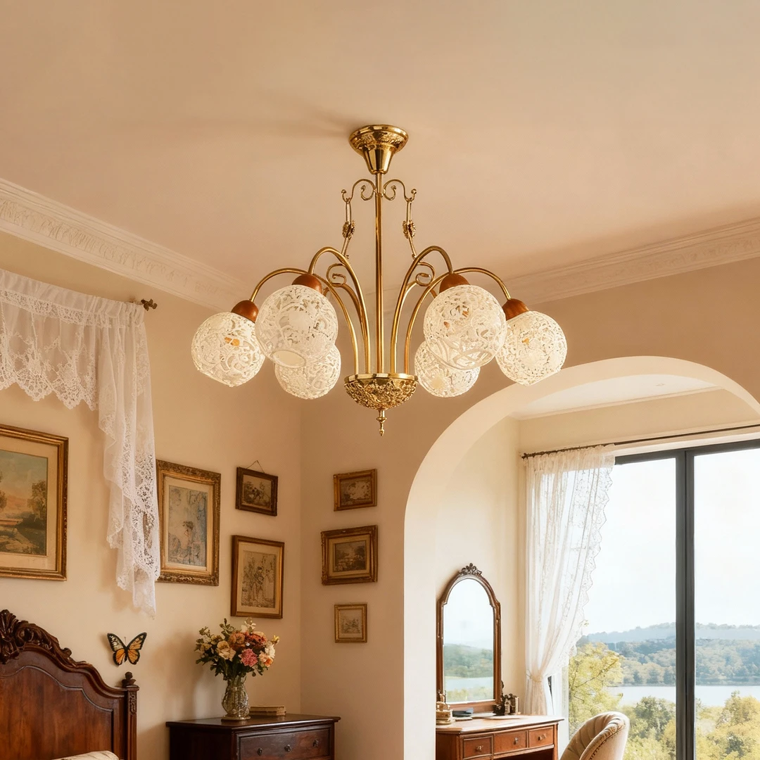 法式复古镂空吊灯雕花全铜色花案球多头艺术灯具奢华大气LED装饰