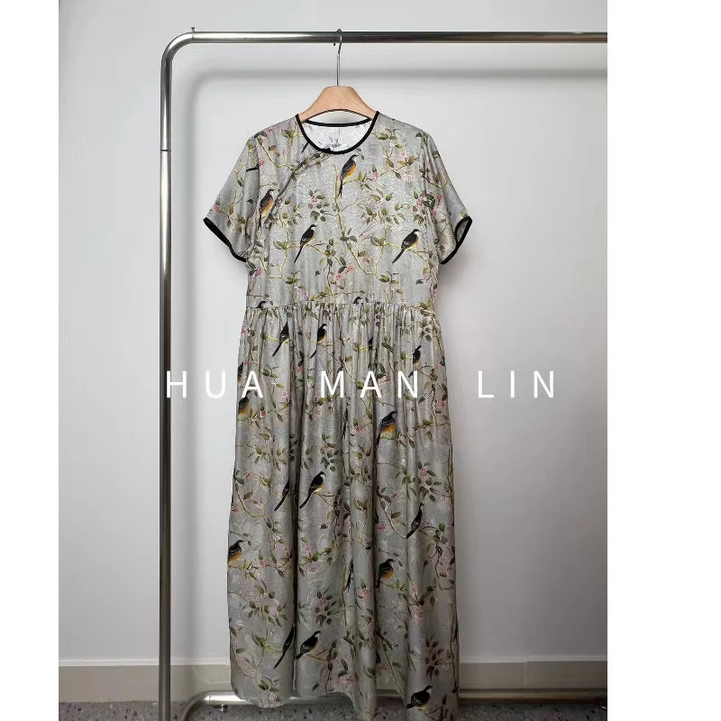 花滿林‘花鸟’圆领斜门襟30MM花罗真丝桑蚕丝连衣裙8396