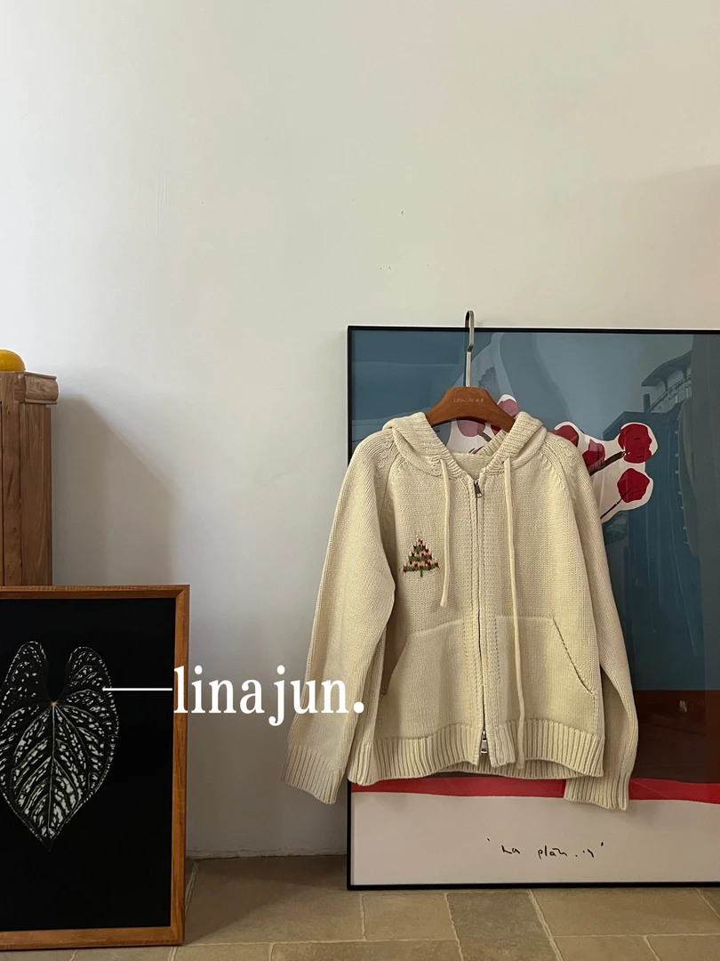 9.24秋冬新韩系温柔风百搭圣诞树连帽双拉链口袋毛衣