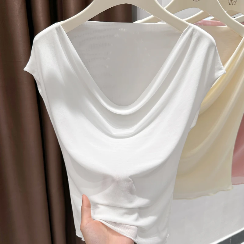 2025新款纯色别致荡领修身显瘦飞飞袖T恤独特高品质薄款网纱上衣