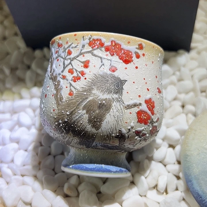 手绘雪梅麻雀茶文化