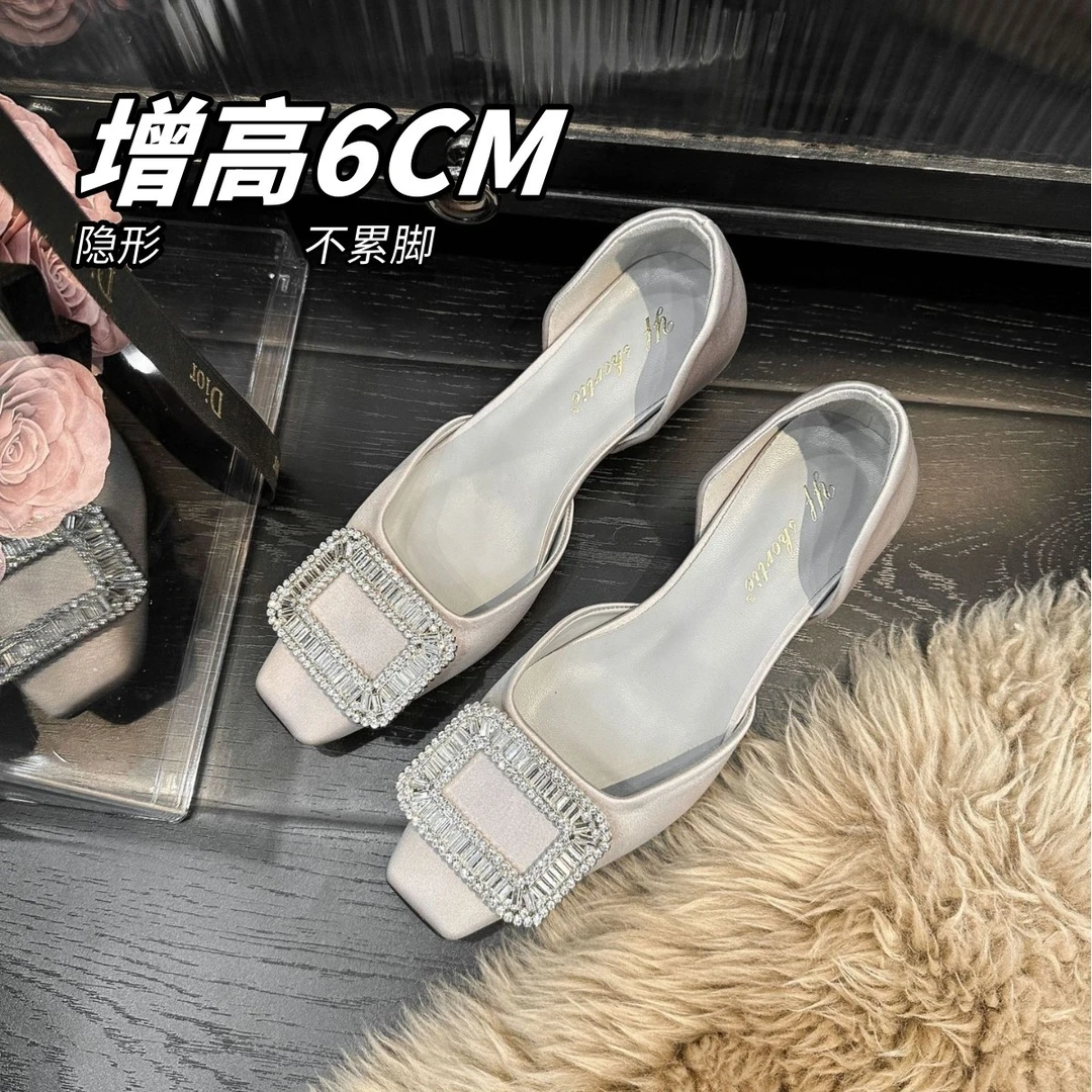 法式仙女风增高6cm水钻雪花扣浅口透气中空粗跟鞋子女ins潮牌百搭