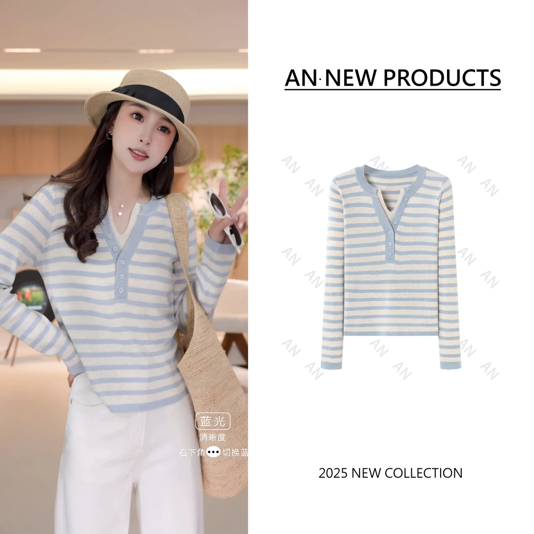 C02271春季新款韩版甜美显瘦休闲撞色条纹纽扣套头针织衫