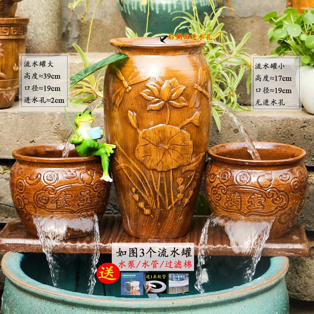 复古中式瀑布流水罐庭院酒店民宿养鱼水缸过滤增氧造景装饰陶罐