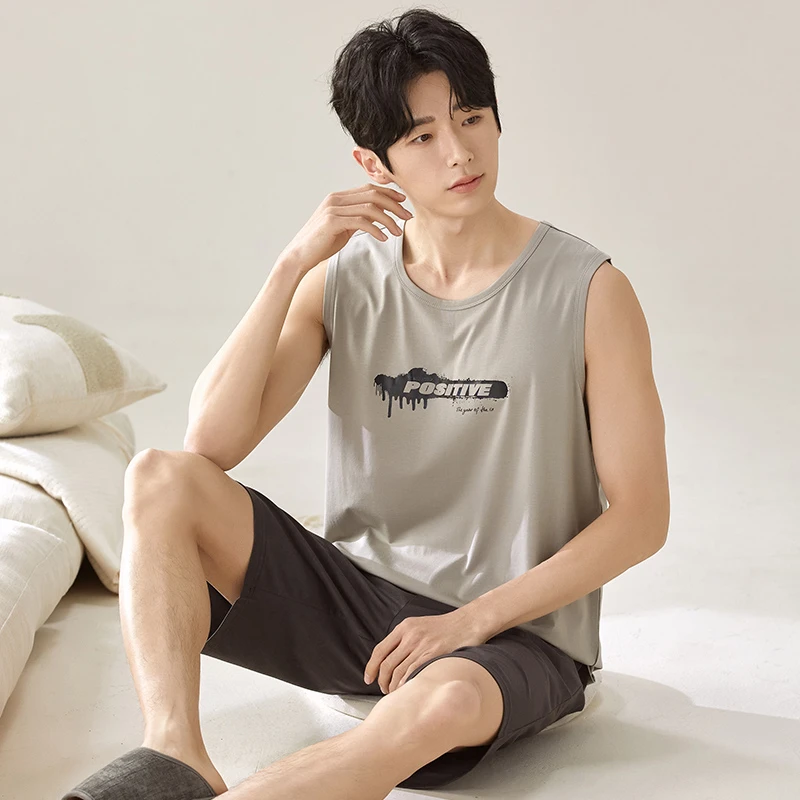 夏季加肥加大码无袖背心睡衣套装莫代尔棉家居服夏天薄款宽松运动