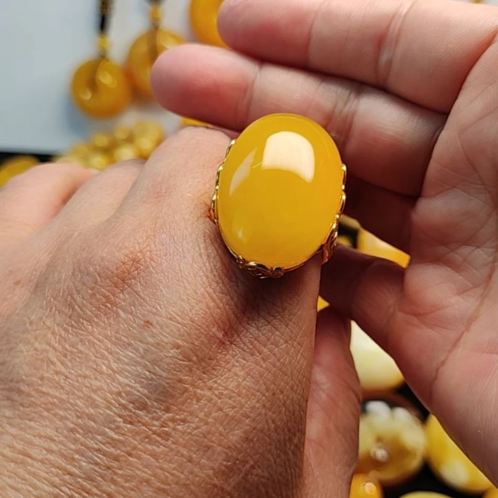 蜜蜡银S925镀金镶嵌戒指