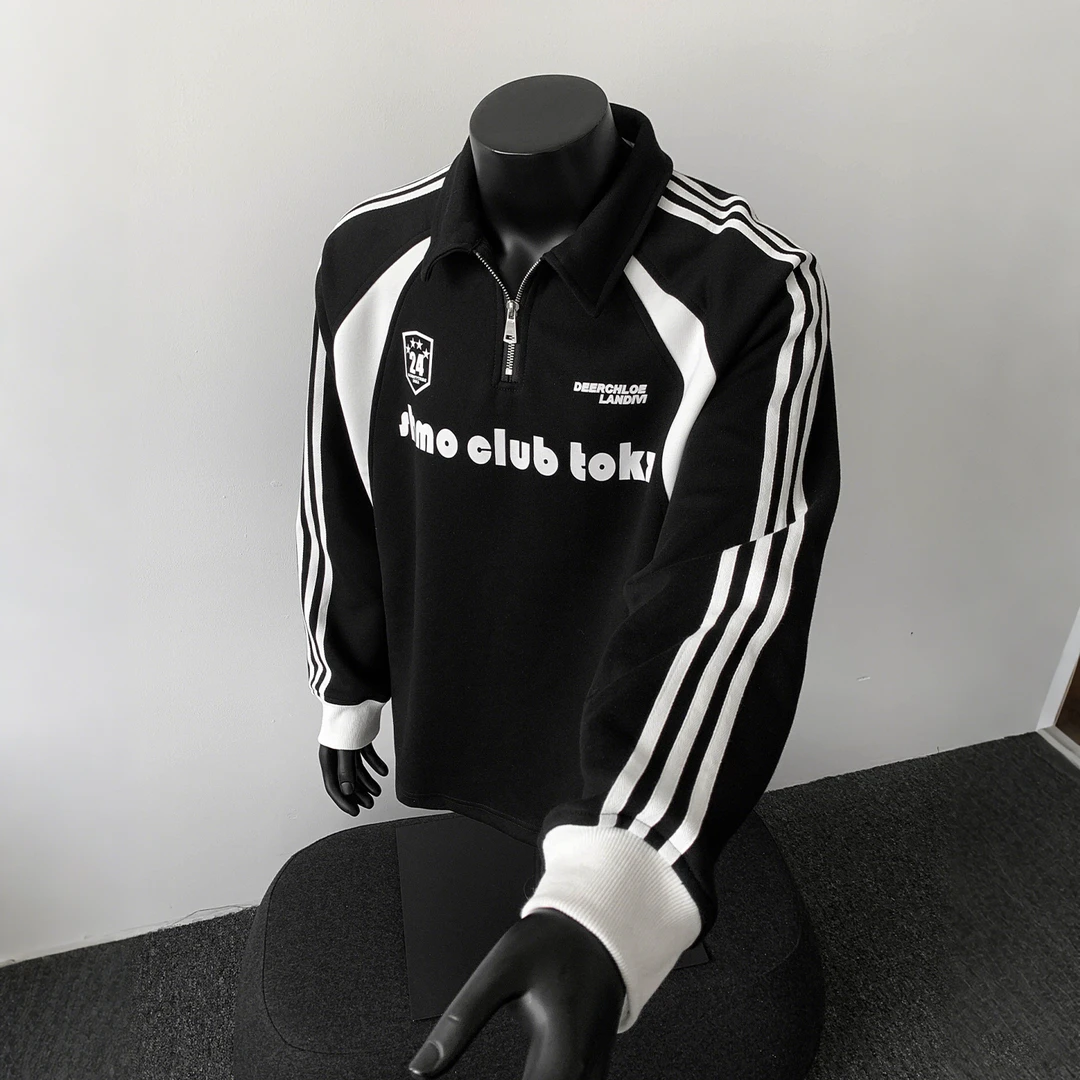 拼接翻领痞帅半拉链polo衫长袖秋季美式字母印花T恤男体恤上衣