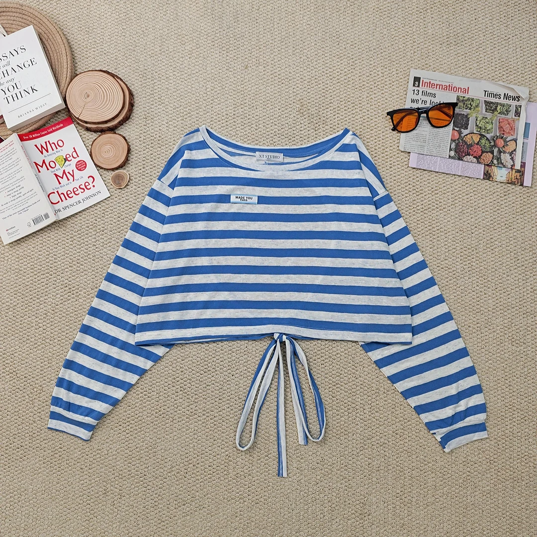 2025夏季新款条纹绑带露背防晒针织长袖3264