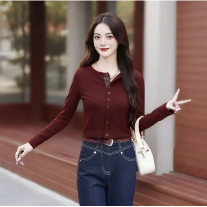 时尚小香风修身显瘦圆领长袖撞色春季女士蓝色毛衣秋季新款洋气