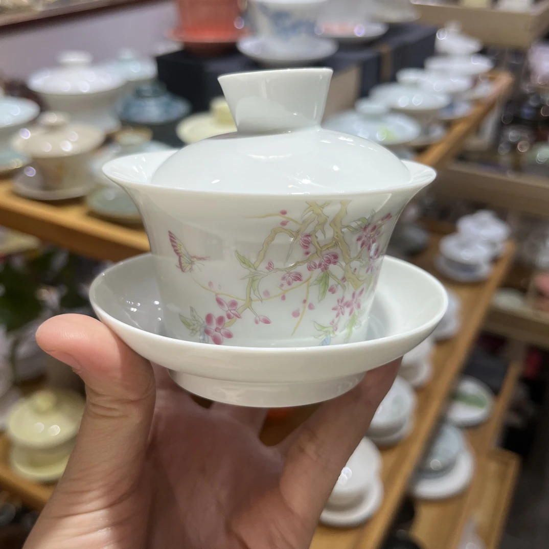 100ml三才盖碗蝶恋花白瓷盖碗家用陶瓷盖碗茶碗功夫茶具复古茶具