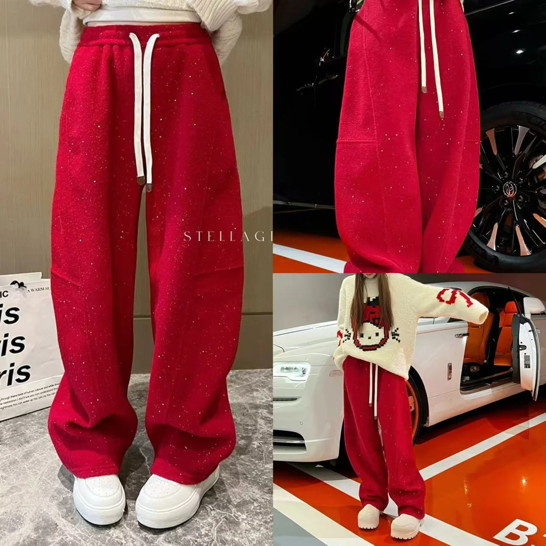 LL琳大码红色厚款小亮片弯刀卫裤时髦小众设计抽绳休闲裤