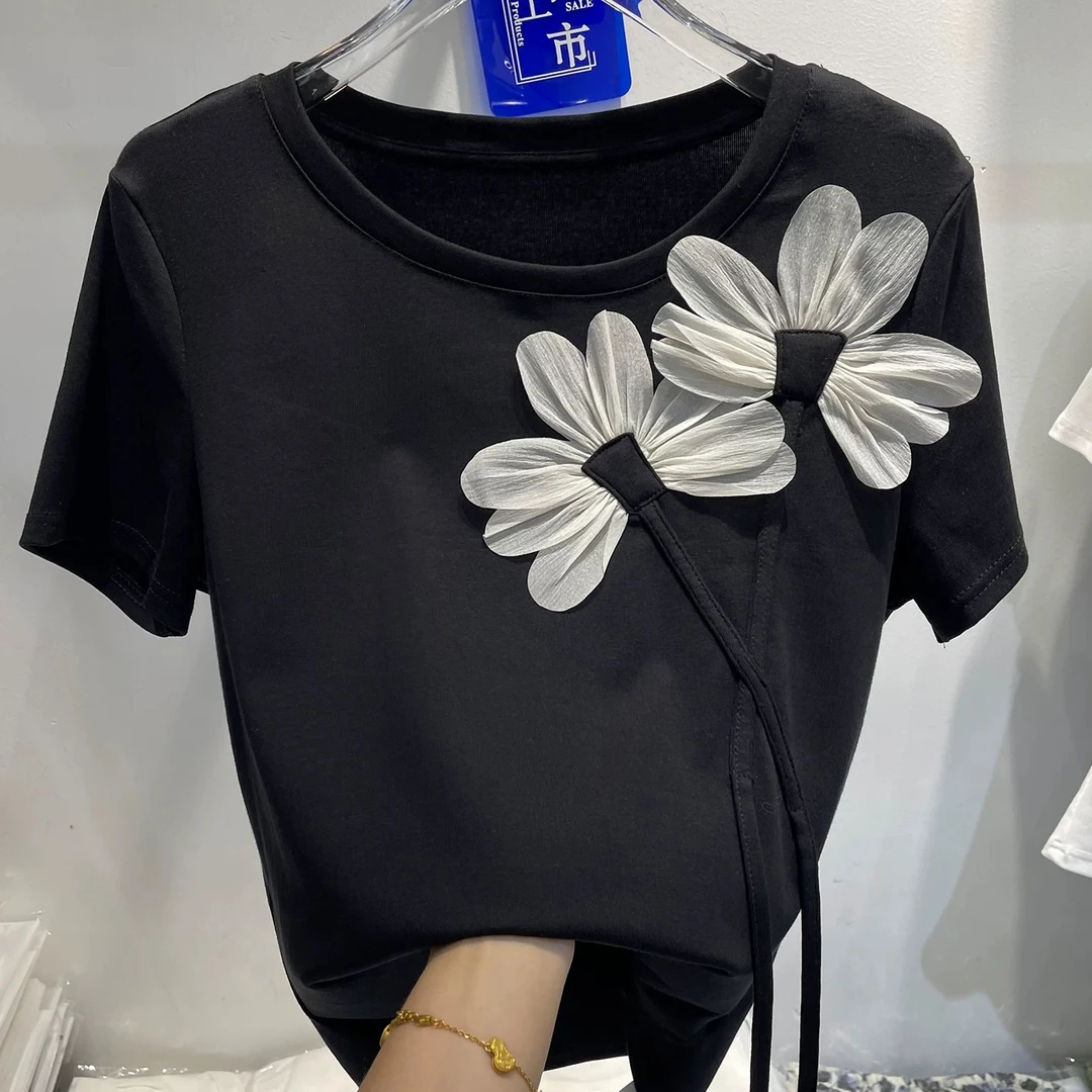 8726夏季新款黑色立体花朵新中式国风修身短袖T恤