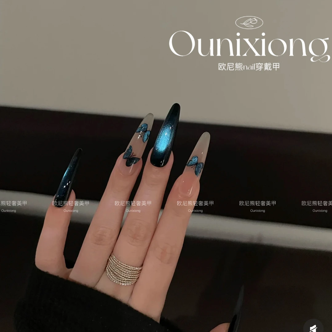 ins风手工蝴蝶猫眼长款美甲多种肤质适用纯手工选款蓝色简约