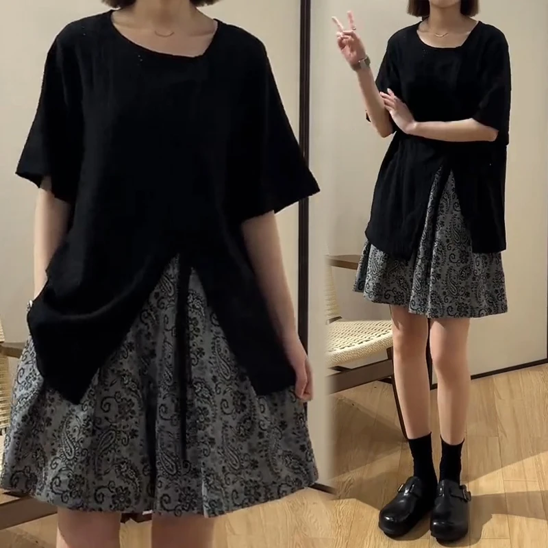 夏季新款通勤穿搭两件套女设计感不规则上衣高腰休闲印花短裤女