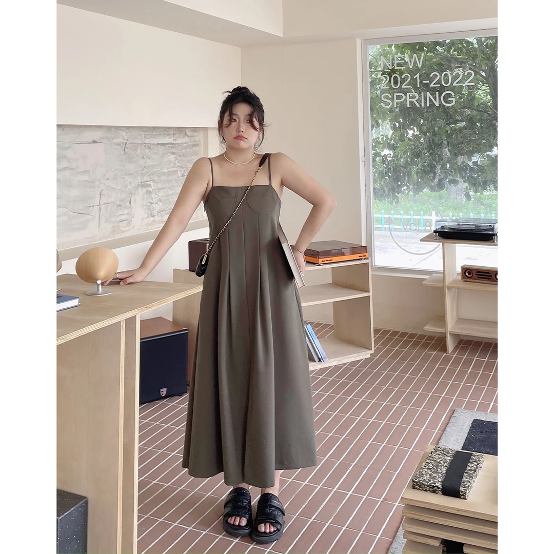 长款前开叉抹胸吊带连衣裙女夏季大码显瘦气质裙子长裙