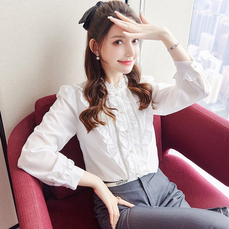 YOULI立领荷叶边衬衫女长袖2025秋季新精致雅致打底上衣修身小衫