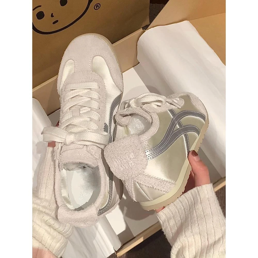 小众银色德训鞋女真丝绸缎透气鞋子春夏新款增高百搭休闲运动鞋