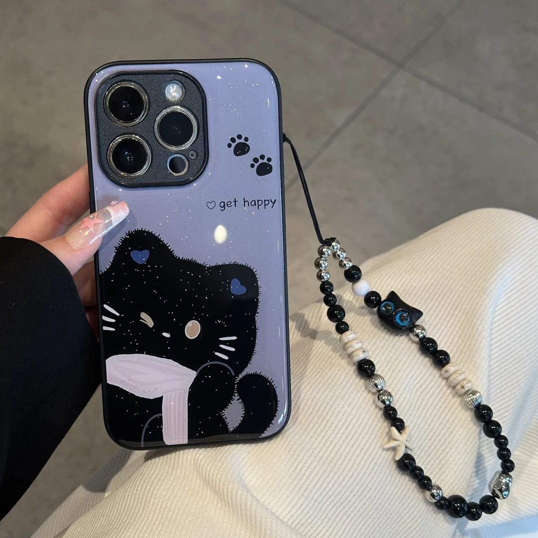 BANCA眨眼粉巾黑猫挂绳适用苹果16/17手机壳华为vivo小米水凝壳