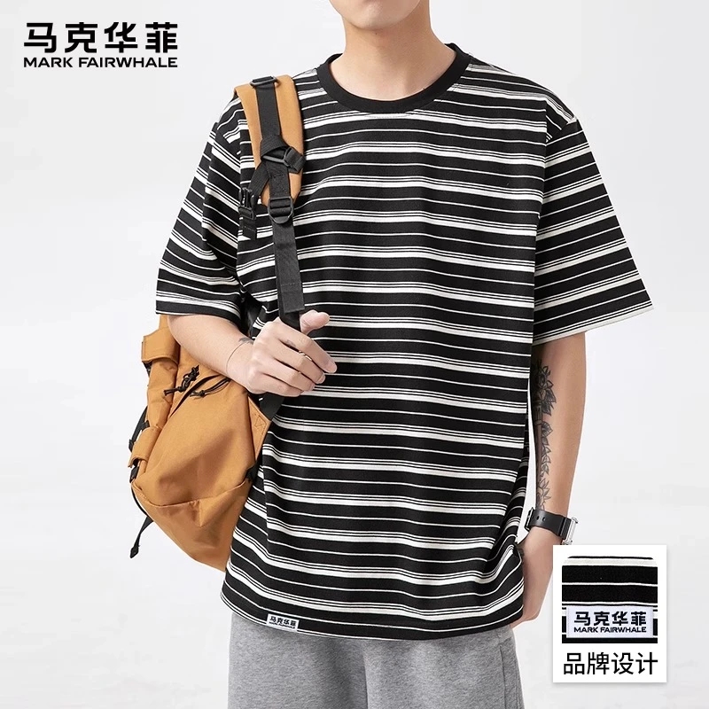 马克华菲潮流条纹短袖T恤男士2025夏季新款宽松薄款圆领半袖体恤