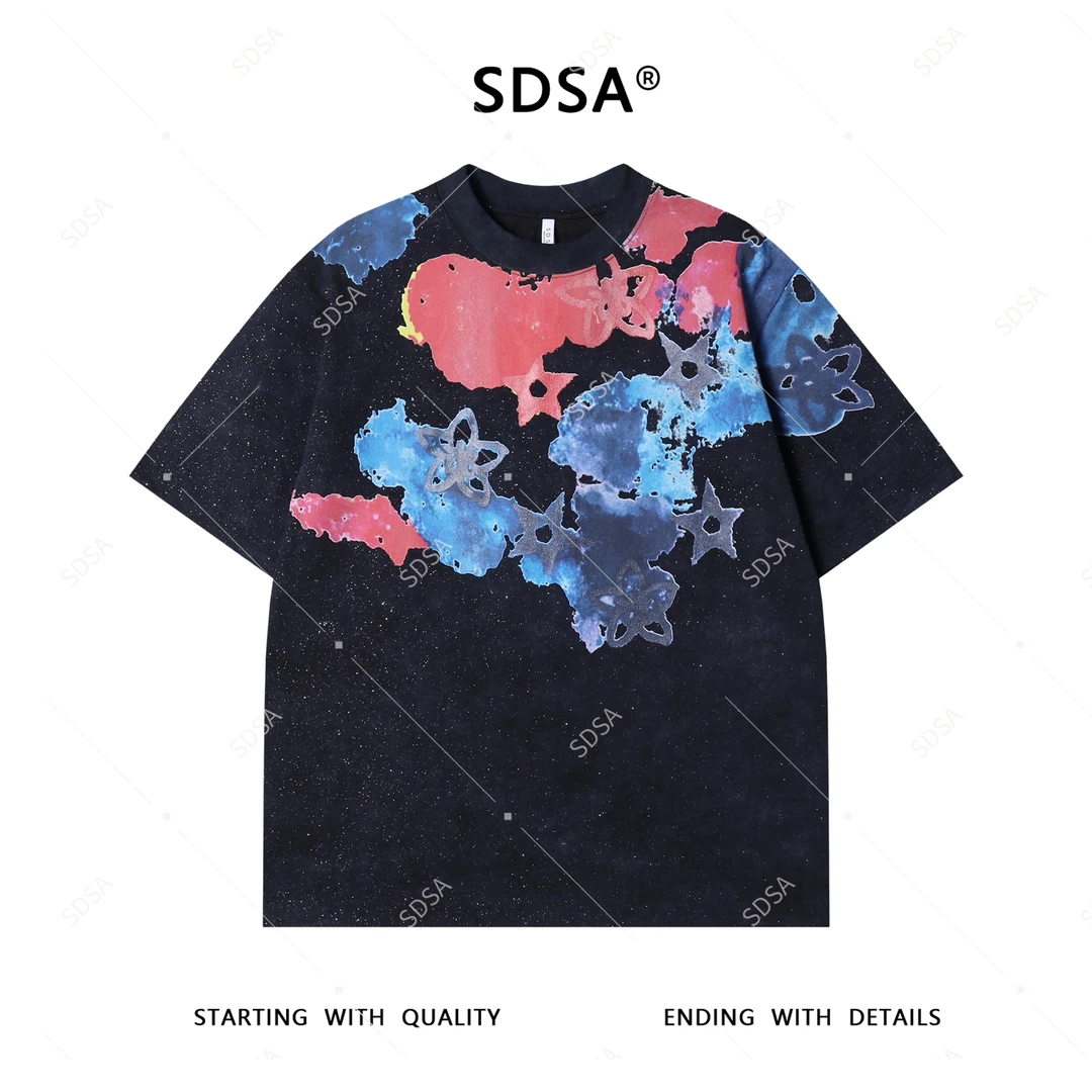 夏季高级感新款男士满天星撞色星星印花设计短袖T恤重磅圆领上衣