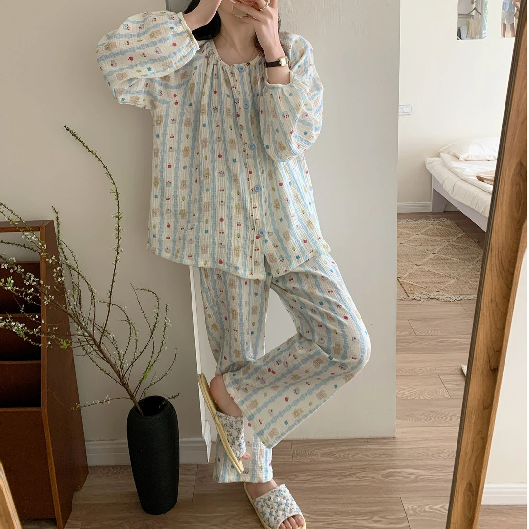 纯棉双层泡泡睡衣春季新款家居服女透气春夏薄款2025年全棉甜美风