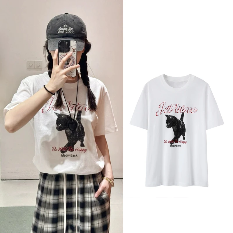 咖米潮【猫咪】印花圆领短袖休闲T恤上衣20258193