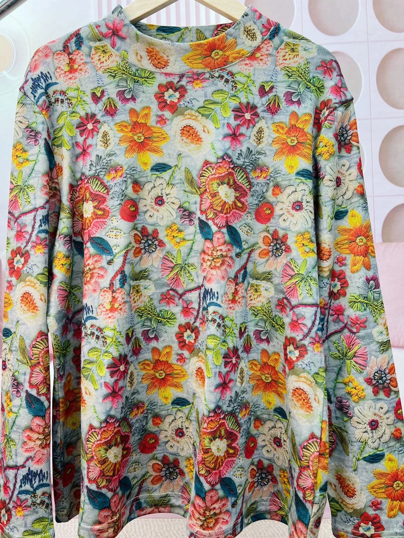 2025春款长袖印花小衫T恤百搭妈妈装显瘦弹力半高领上衣打底衫