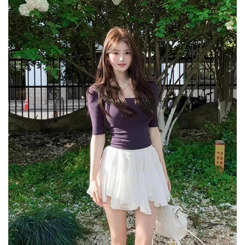 夏季新款韩系芭蕾风穿搭修身中袖显瘦T恤上衣不规则荷叶边半身裙