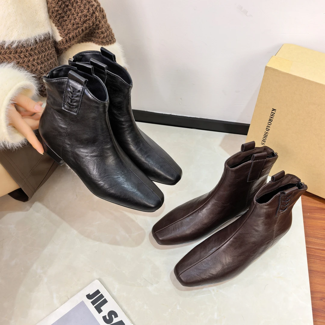 【猫耳朵】一脚蹬马丁靴方头秋冬短筒骑士靴短筒街头风中跟