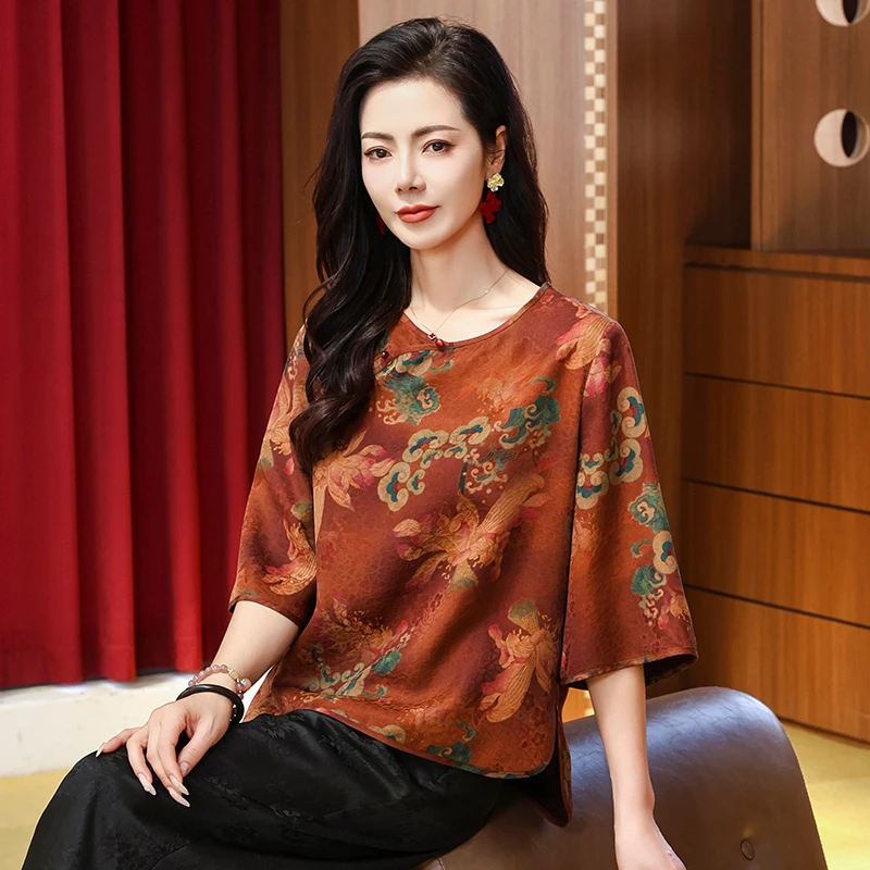 香云纱新中式真丝上衣女2025新款圆领妈妈气质桑蚕丝印花中袖衬衫