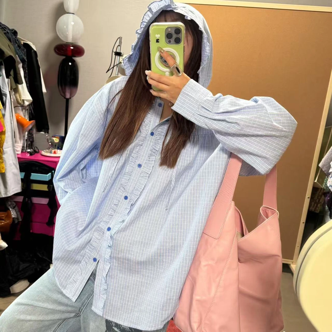 少女感连帽格子衬衫