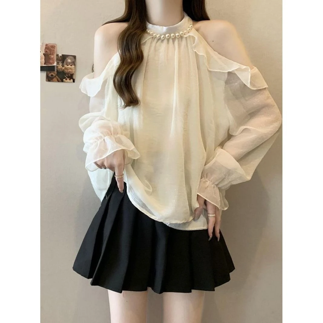 超好看法式挂脖露肩雪纺衫女2025早春大码微胖mm独特漂亮小衫上衣