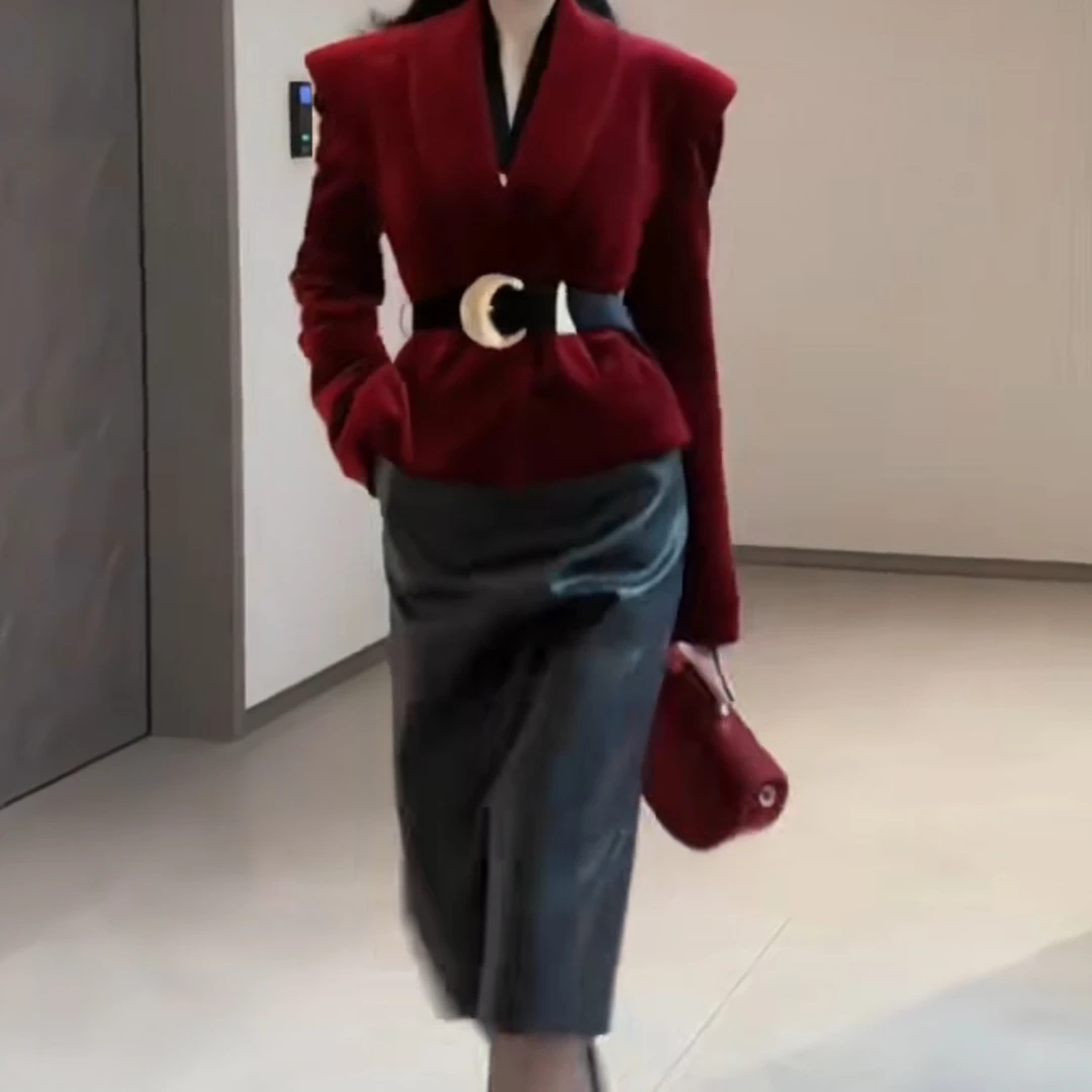 默认衣门襟法式植绒修身型设计师女神洋气春季