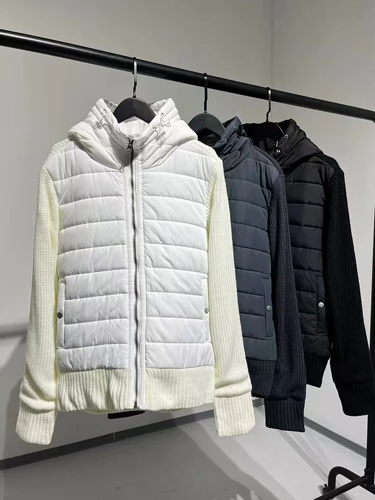 捡漏日单男女同款秋冬保暖针织绗缝夹棉拼接连帽棉服外套百搭