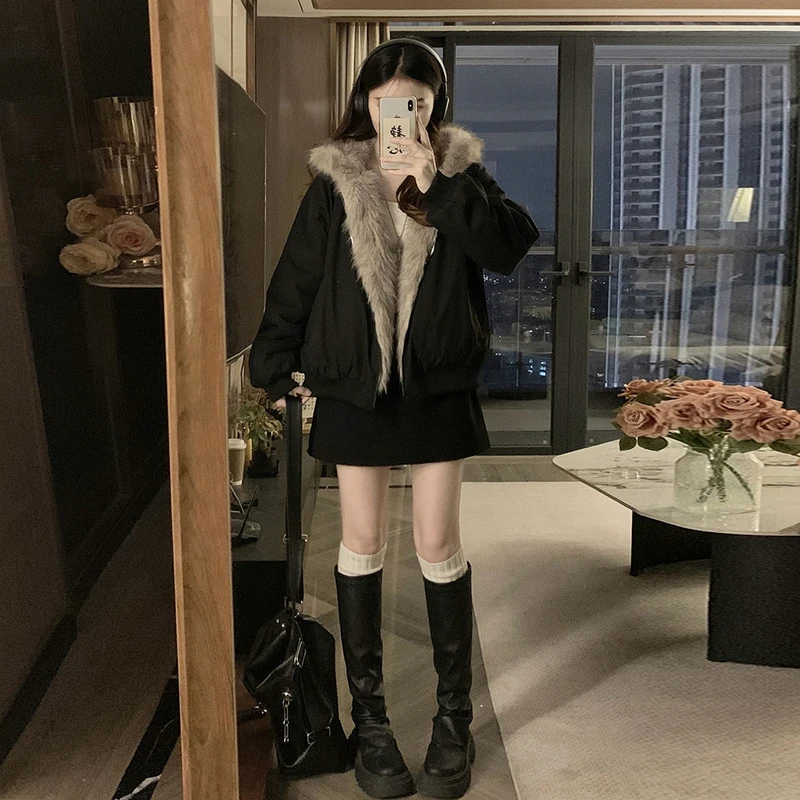 连帽加厚短款两面穿棉服女2025复古冬季毛毛棉衣保暖加厚棉袄外套