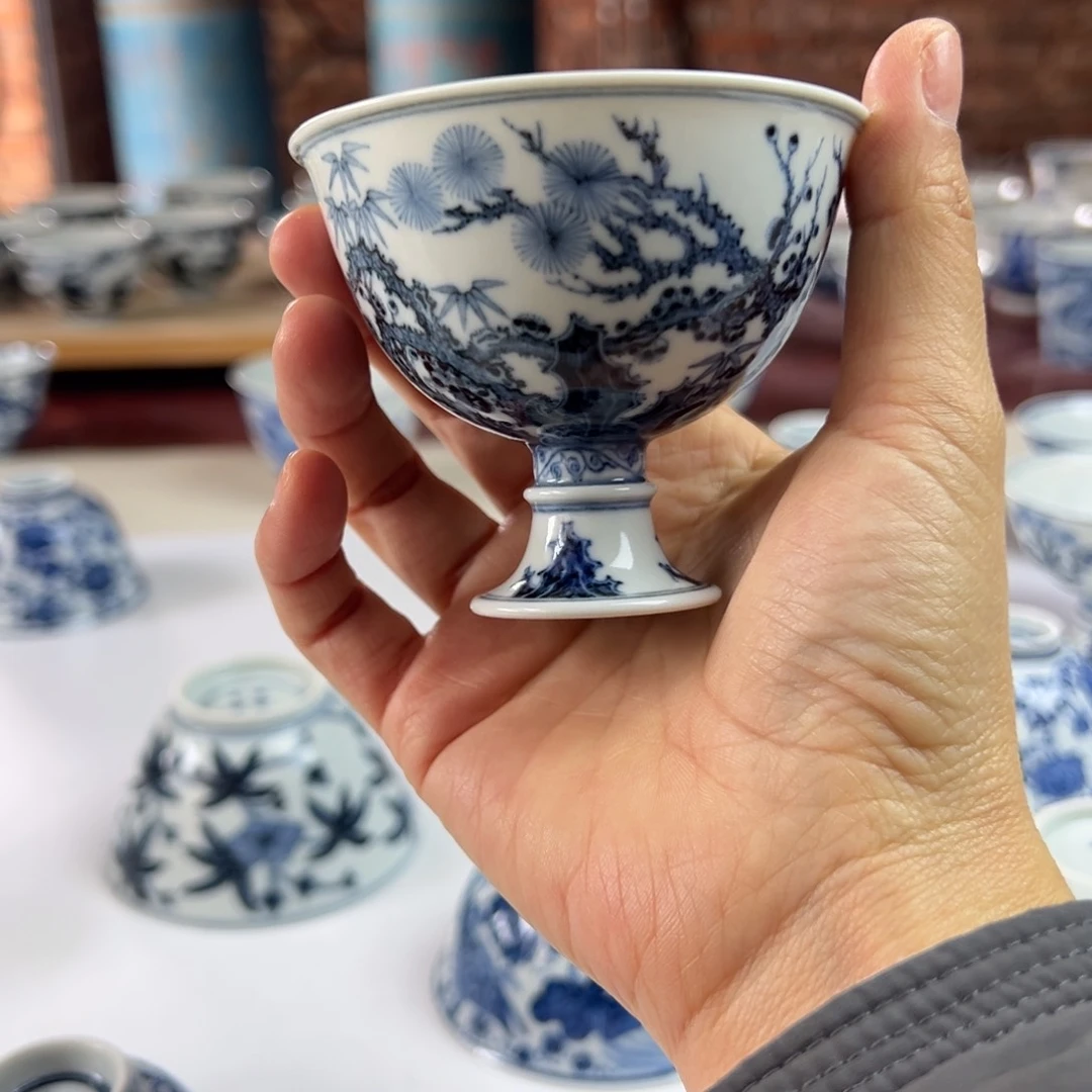 刘*凭阑亭松竹梅高足杯景德镇手绘