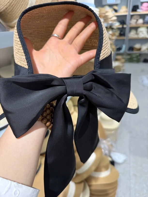 遮阳帽帽子拉菲草帽时尚大檐空顶夏季编织凉快帽子蝴蝶结