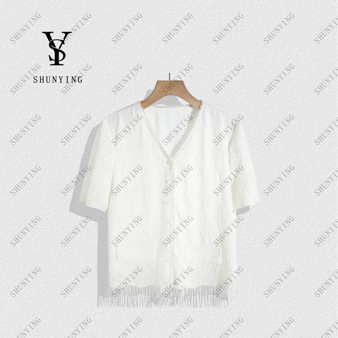 【顺瀛】减龄精致~气质减龄时尚V领钩花流苏下摆短袖小衫SY71C0202