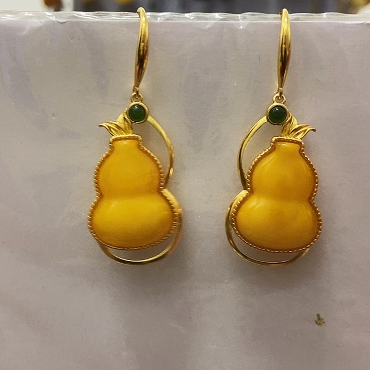 蜜蜡银S925镶嵌耳饰老蜜蜡