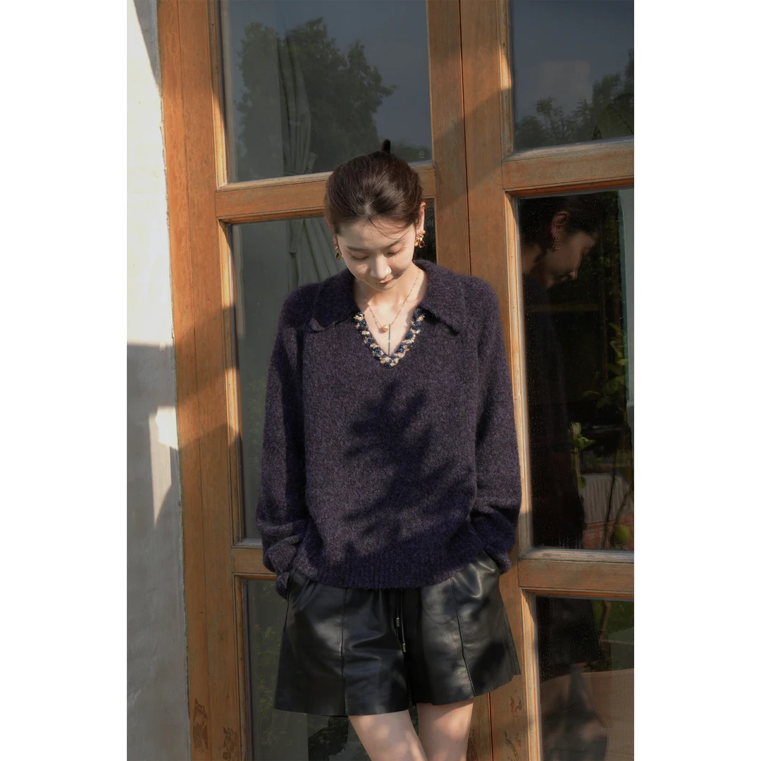 CHENSMCHEN绵羊毛V领针织衫女秋冬复古宽松外穿长袖毛衣CSZ8552TT